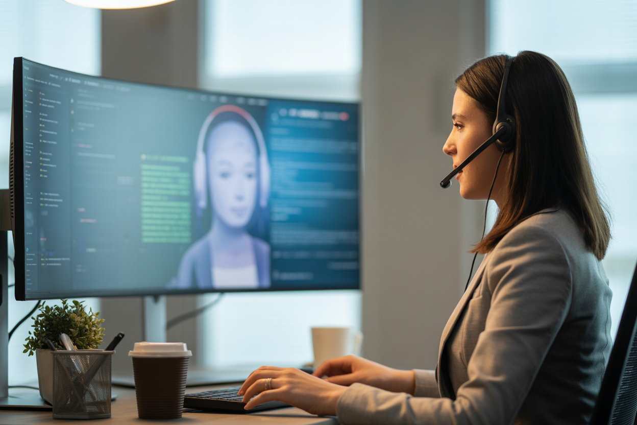 A diagram showing how an AI copilot gives a human agent superpowers. It breaks down how a customer question comes in, the AI feeds the agent suggestions and data in real-time, and the agent uses it all to give a faster, more human response.
