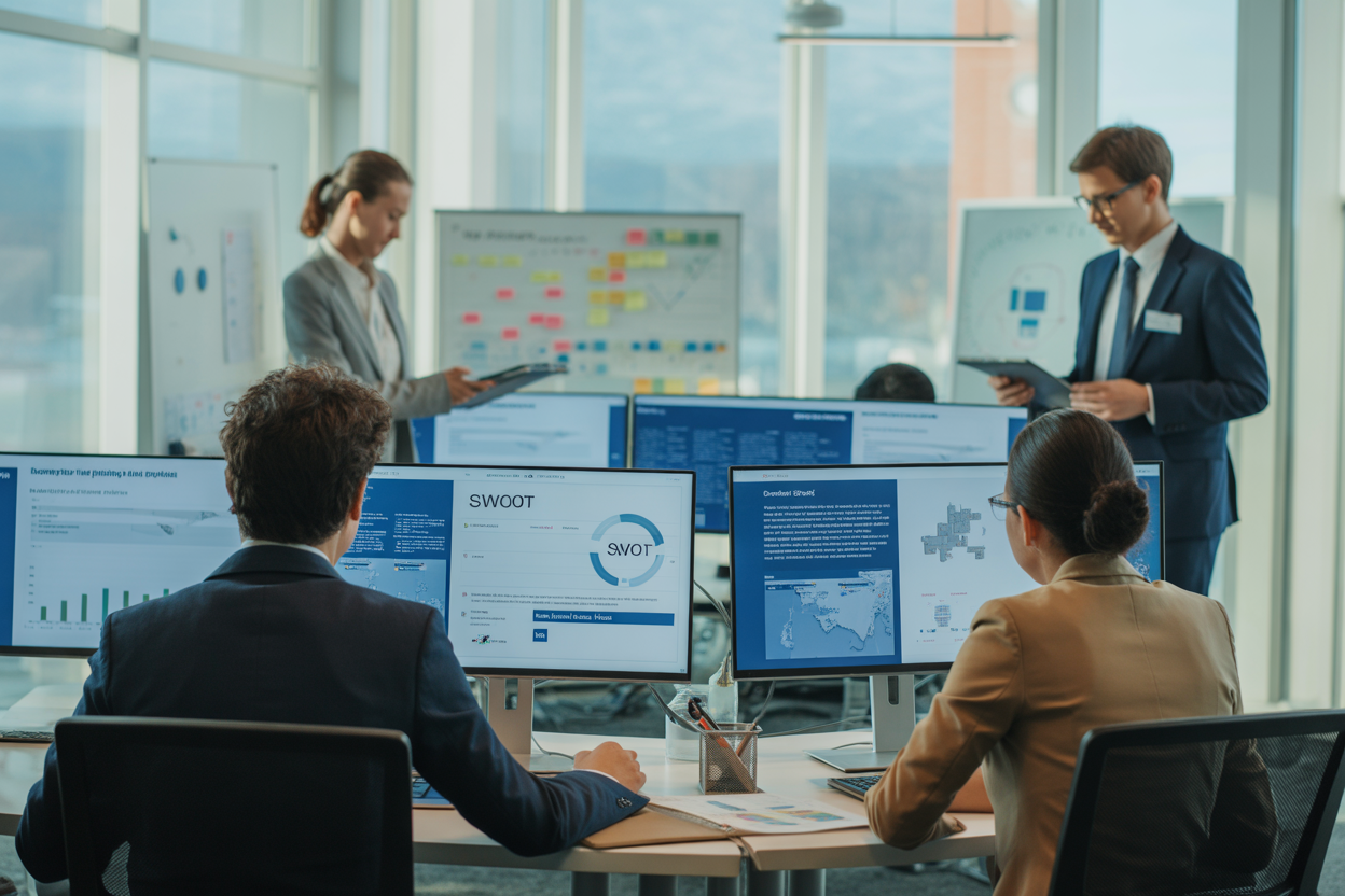 Un schéma en quatre étapes montrant comment Perplexity AI analyse les données d'un concurrent, identifie les forces et faiblesses, génère un rapport SWOT, et propose des plans d'action.