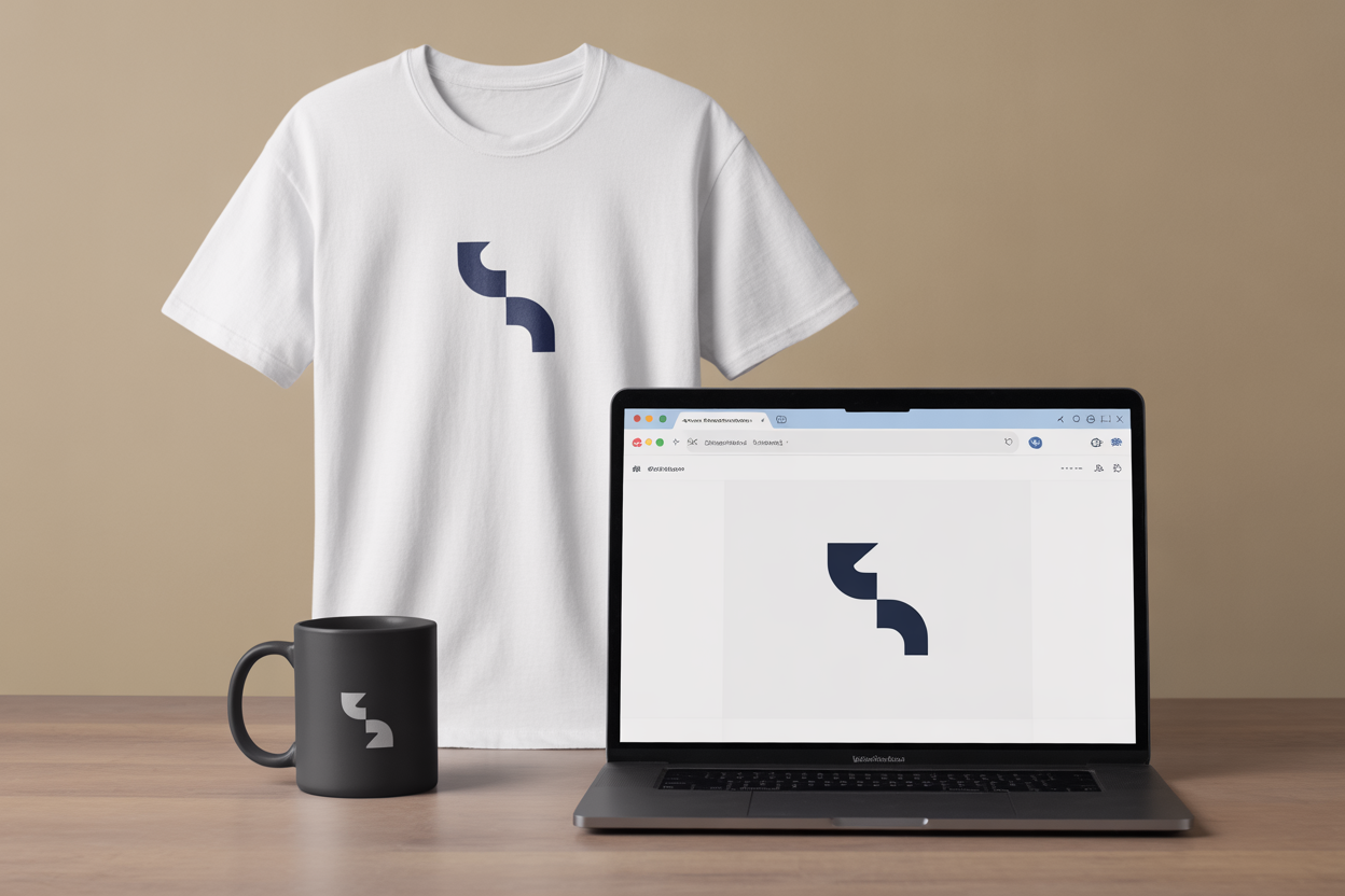A cool diagram that shows a new logo design being tried out on all sorts of mockups, like a t-shirt, a coffee mug, and even a tiny website favicon.