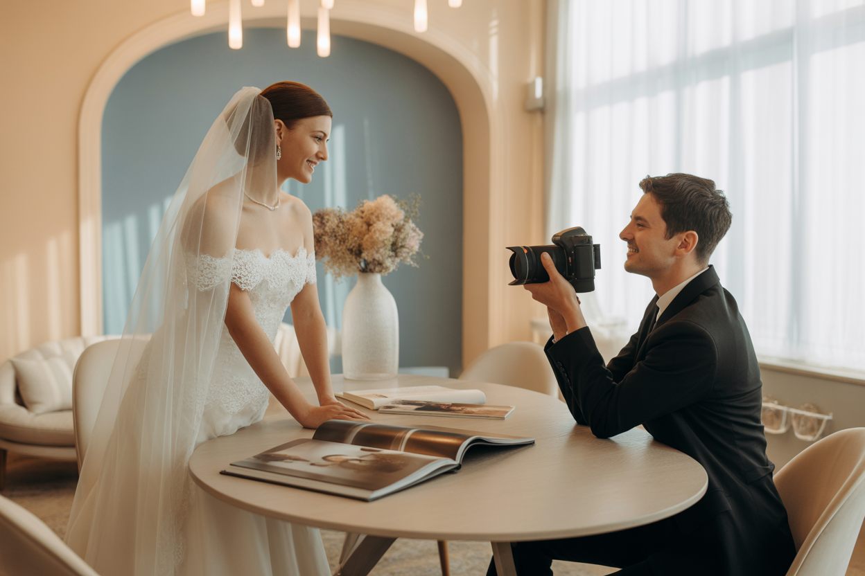 Un guide en quatre étapes pour choisir son photographe de mariage : 1. Rechercher des styles, 2. Rencontrer les photographes, 3. Examiner les galeries complètes, 4. Lire attentivement le contrat.