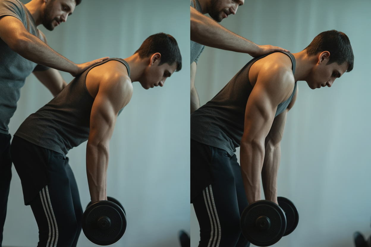 Diagramme simple montrant la différence entre un mouvement de musculation mal exécuté (avec points de tension incorrects) et le même mouvement corrigé par un coach.