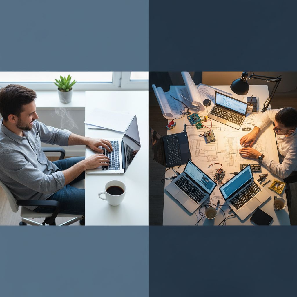 Here's a split diagram showing the website creation timeline. The left side shows an AI builder's timeline of just 'Minutes to Hours,' with simple icons for 'Answer Questions' and 'Launch'. The right side shows a traditional builder's timeline of 'Hours to Days,' with more steps like 'Choose Template,' 'Manual Editing,' 'Plugin Setup,' and 'Launch'.