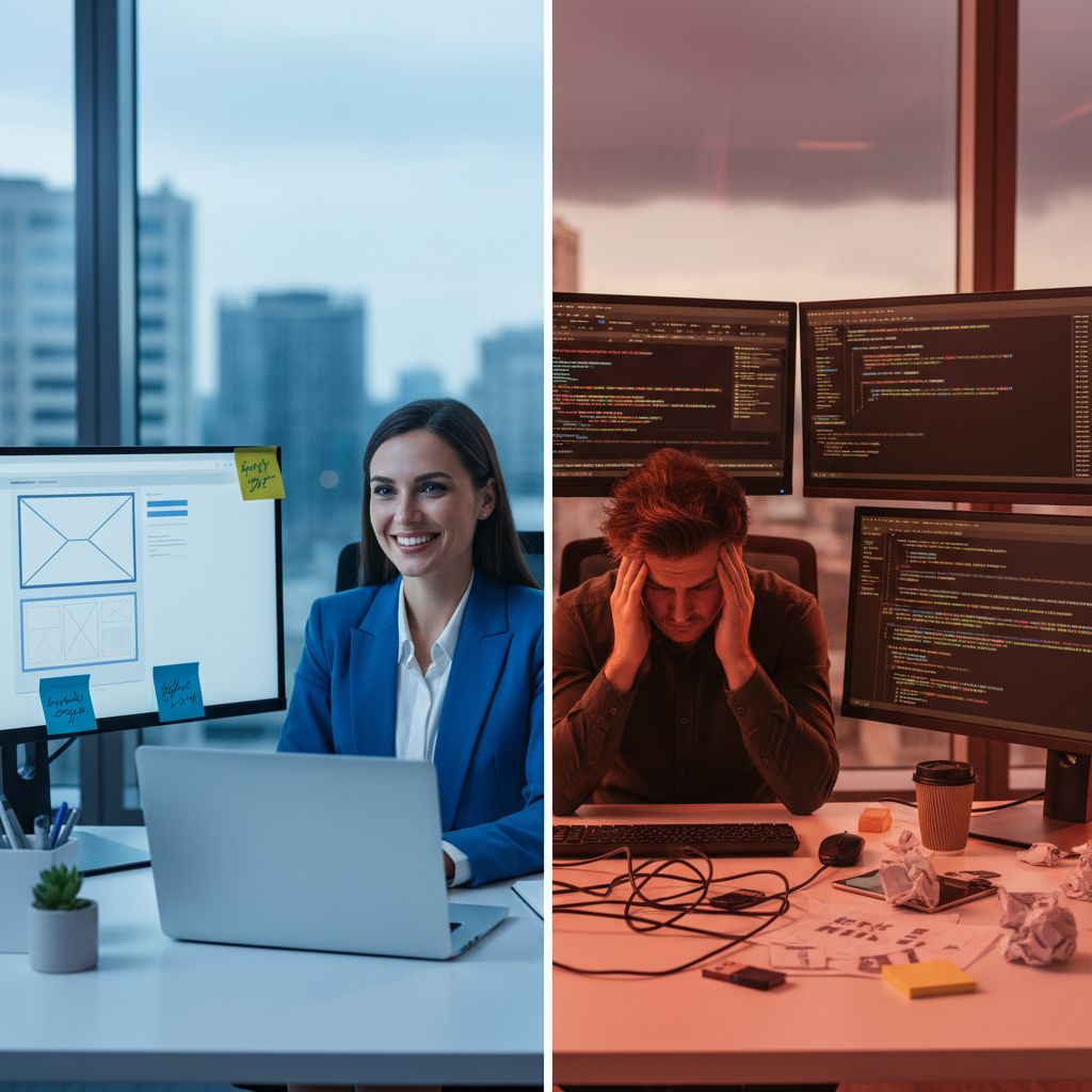 Here's a simple diagram comparing how you build a site with each one. On one side, 'AI Builder' is just three easy steps: Answer Questions, AI Generates, and Go Live. On the other side, 'WordPress' has a much longer to-do list: Get Hosting, Install WP, Find a Theme, Install Plugins, Configure it all, Build Your Pages, and then finally Go Live.