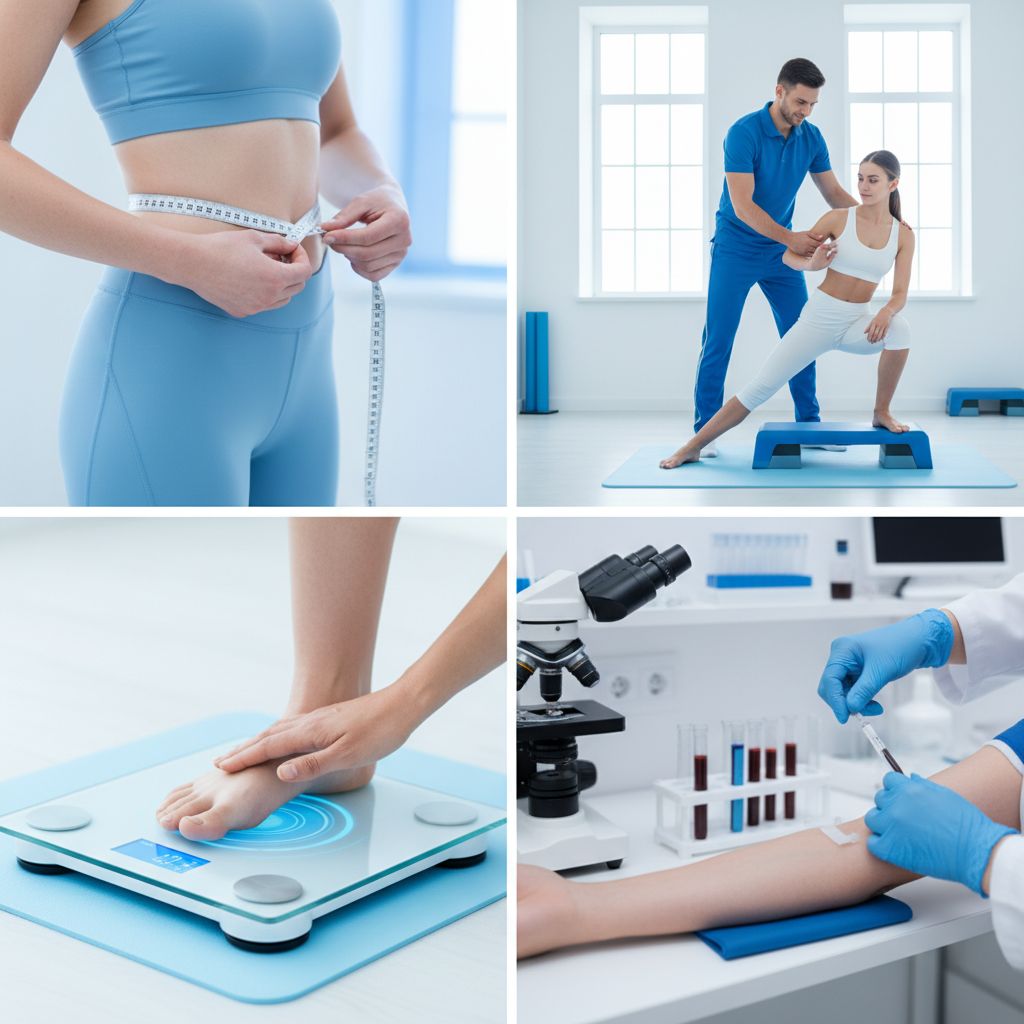 Schéma simple montrant un processus d'évaluation fitness complet : 1. Mesure du tour de taille. 2. Analyse par impédancemétrie. 3. Évaluation fonctionnelle. 4. Bilan sanguin. Chaque étape a une icône.