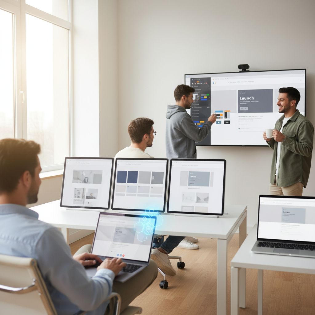 A diagram showing the Wix ADI process: 1. Answer AI questions. 2. AI generates three template options. 3. User customizes with drag-and-drop editor. 4. Launch website.