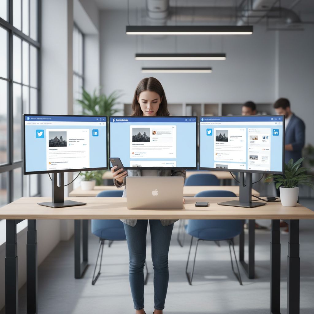 A simple diagram showing a blog post icon feeding into icons for Twitter, Facebook, LinkedIn, and Instagram with the label 'Automated Content Repurposing'.