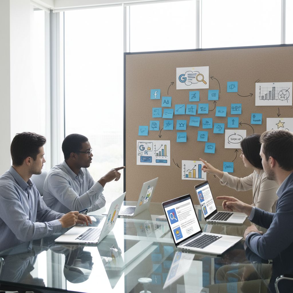 Un entonnoir marketing pour SaaS montrant les étapes de notoriété, considération, conversion et fidélisation, avec les canaux marketing appropriés pour chaque étape.