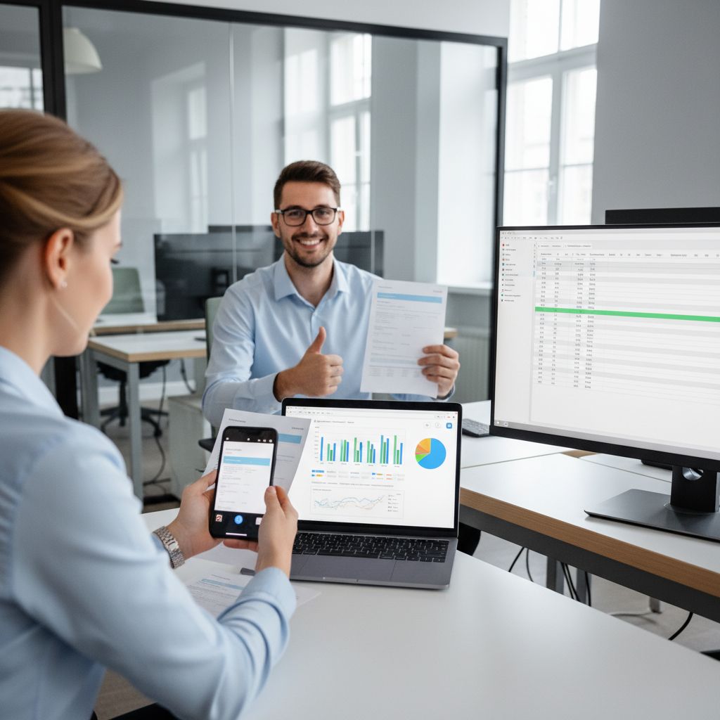 Un schéma simple montrant le flux de travail numérique: l'entreprise scanne une facture, le logiciel l'analyse, l'expert-comptable la valide, et le tableau de bord est mis à jour en temps réel.