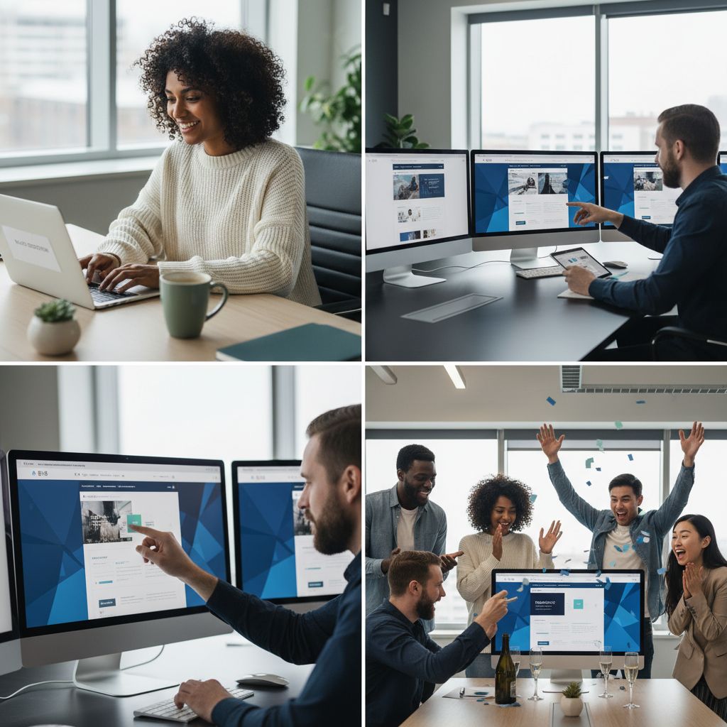 A simple 4-step flow chart: 1. Describe Your Business. 2. AI Builds Your Website. 3. Tweak the Look. 4. Launch.