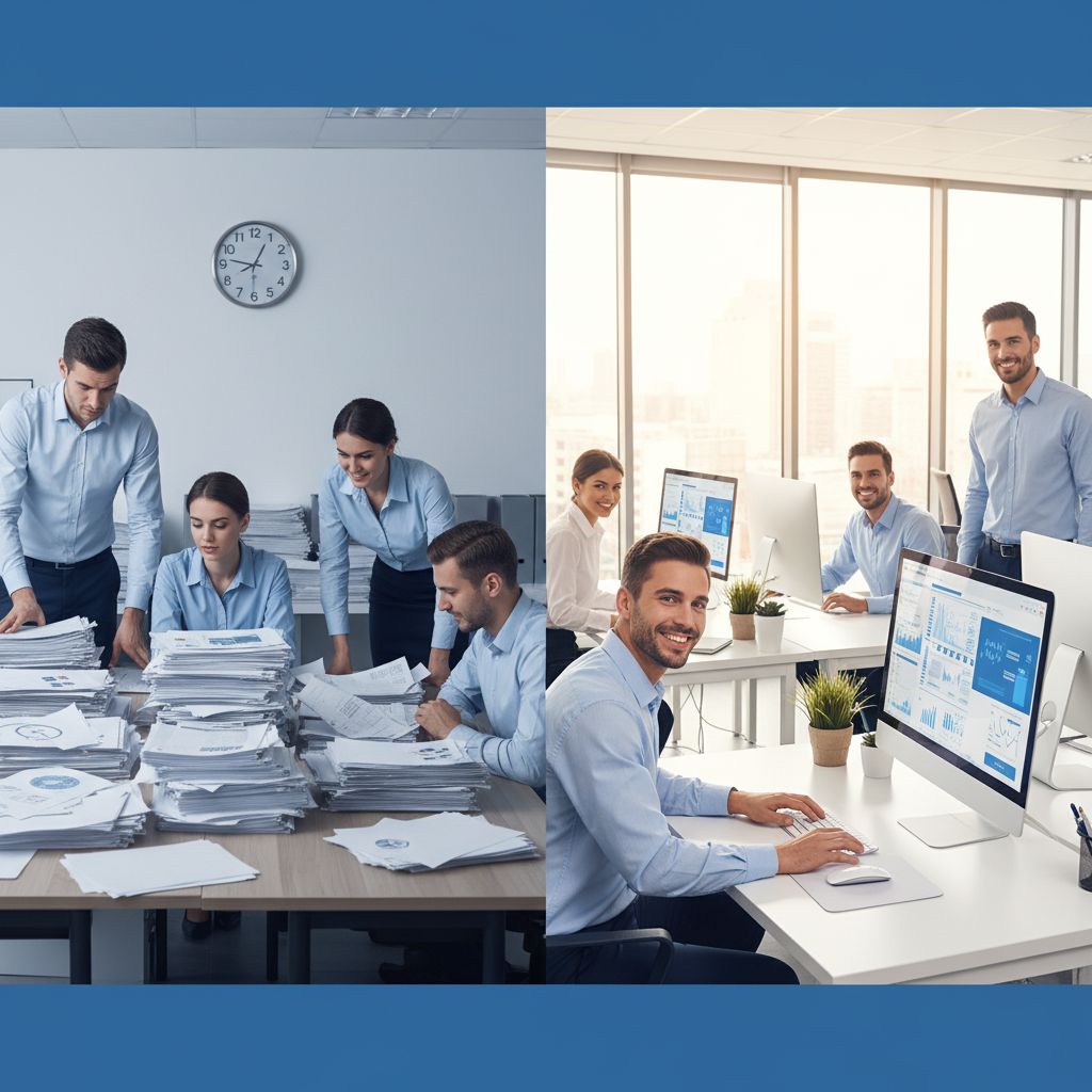 Schéma illustrant comment un outil IA automatise un processus métier, montrant les étapes avant (manuel) et après (automatisé) avec des gains de temps et de coûts.