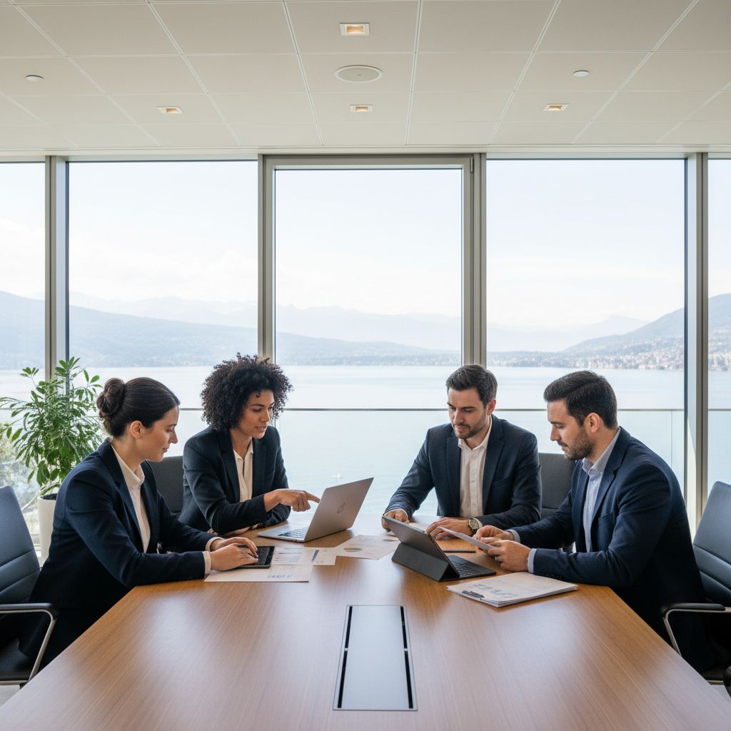 Un simple organigramme montrant les 4 étapes de la déclaration fiscale d'une entreprise à Genève, de la clôture des comptes à la soumission.