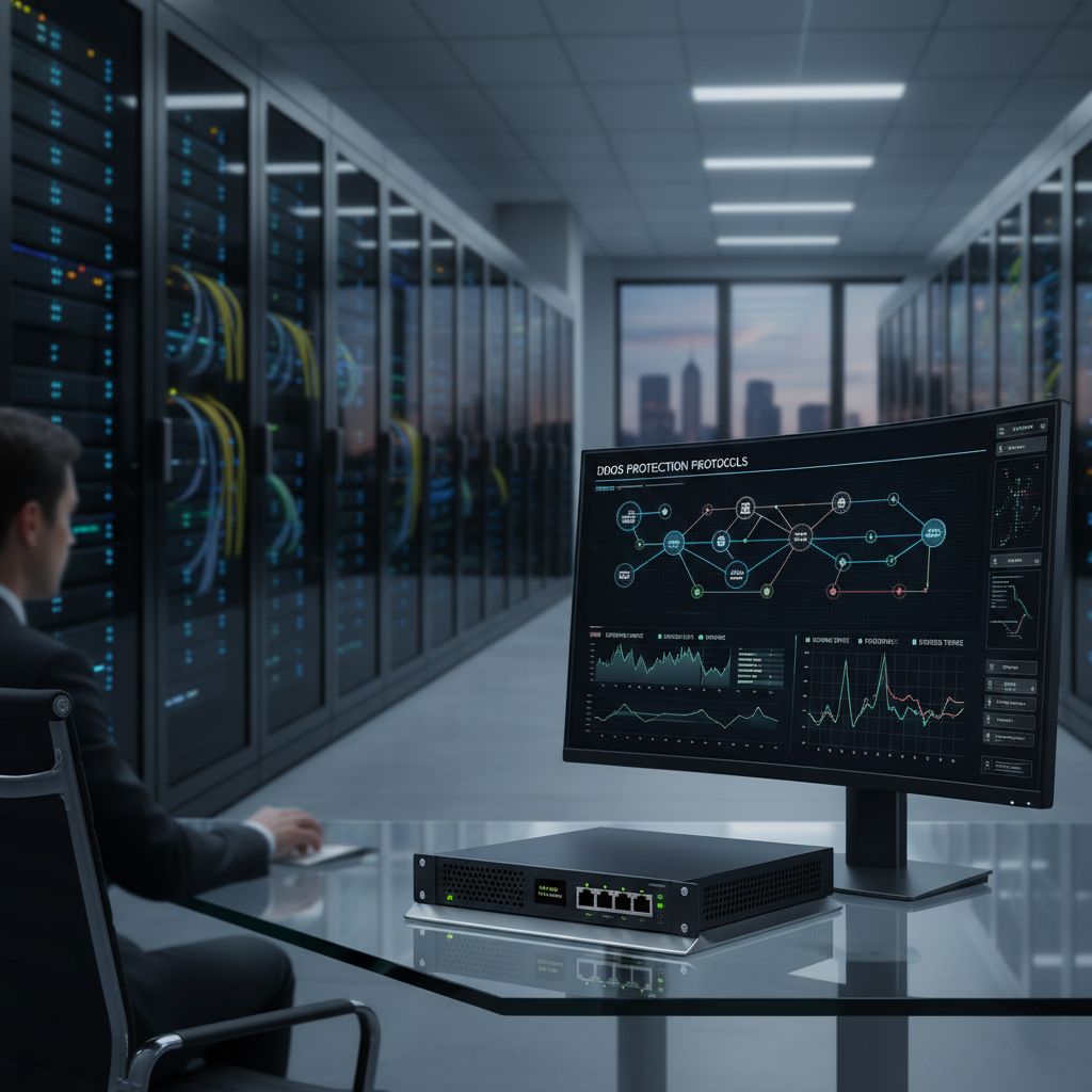 A simple diagram showing the layers of security: The foundation is Data Center Redundancy, the middle is DDoS Protection & Malware Scanning, and the top layer is the Firewall & constant updates.