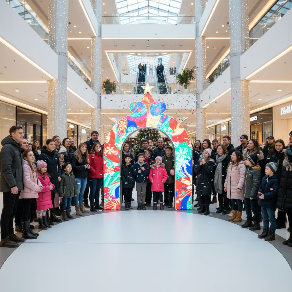 Ambiance festive dans un centre commercial : des gens souriants et curieux se retrouvent autour d'un stand d'animation plein de couleurs.