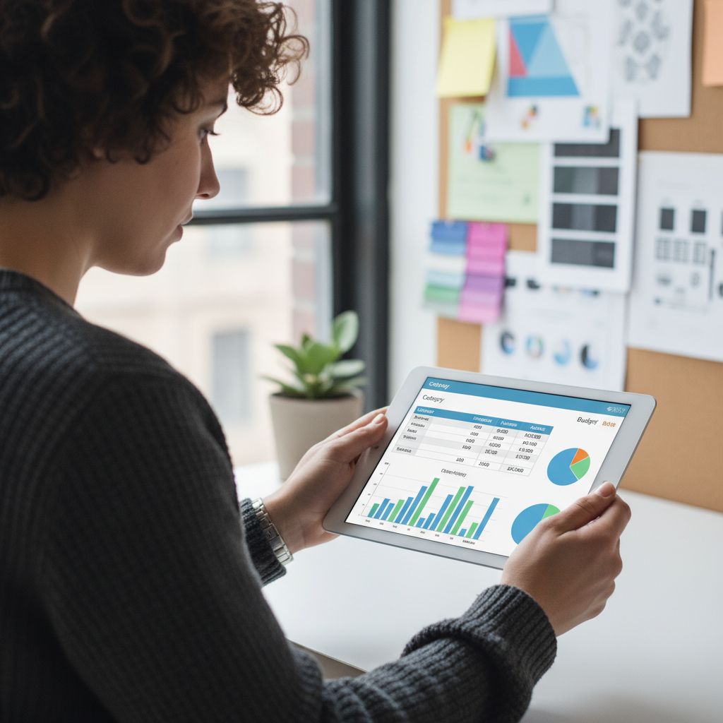 Un gros plan sur une personne utilisant une tablette pour examiner une feuille de calcul budgétaire, avec un tableau d'inspiration créatif flou en arrière-plan.