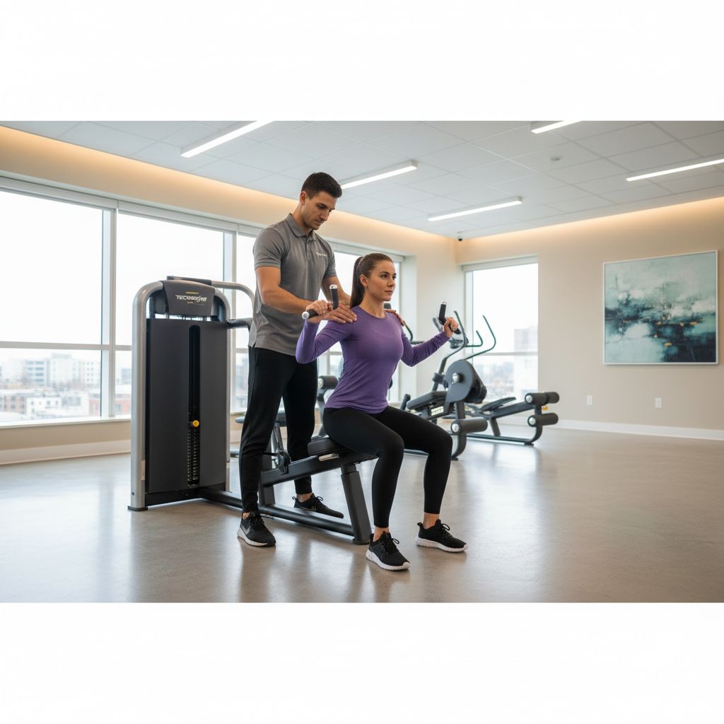 Un coach professionnel guide une cliente lors d'un exercice sur une machine Technogym haut de gamme dans un studio de fitness privé.