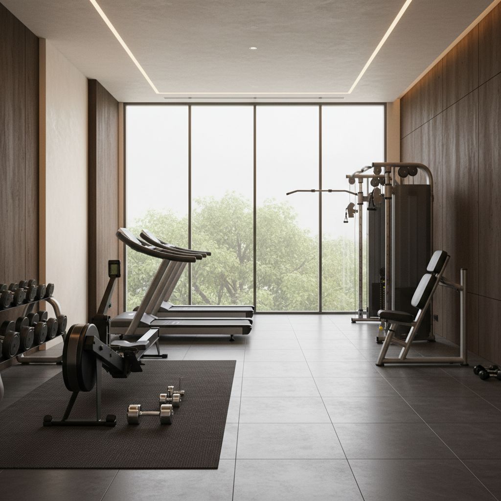Un intérieur de salle de sport privée, moderne et élégant, vide, avec des équipements haut de gamme. L'atmosphère est calme et exclusive, et la lumière du matin traverse une grande fenêtre.