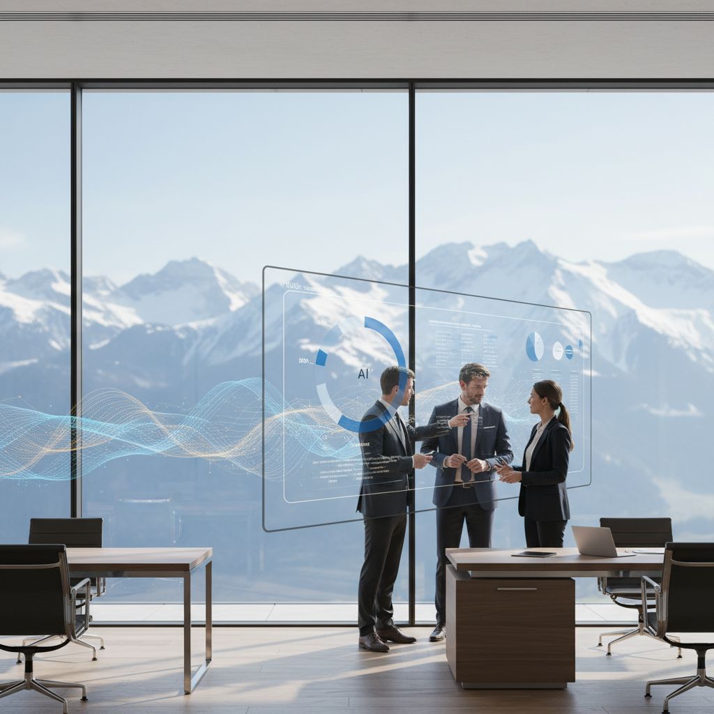 An abstract visualization of AI data streams transforming into currency symbols over a Swiss Alps landscape, representing the monetization of AI.