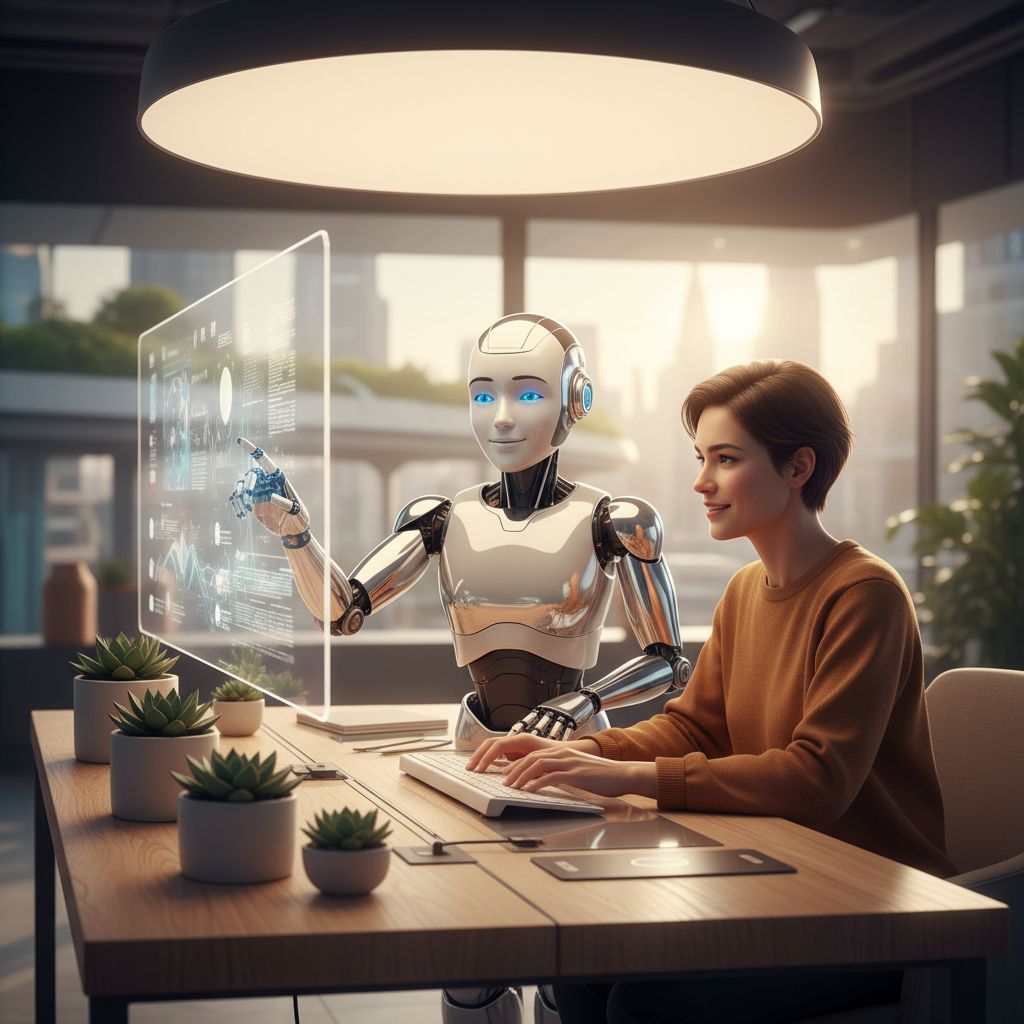 A futuristic image showing a robot and a human working together at a desk, symbolizing the collaboration in automated content generation.