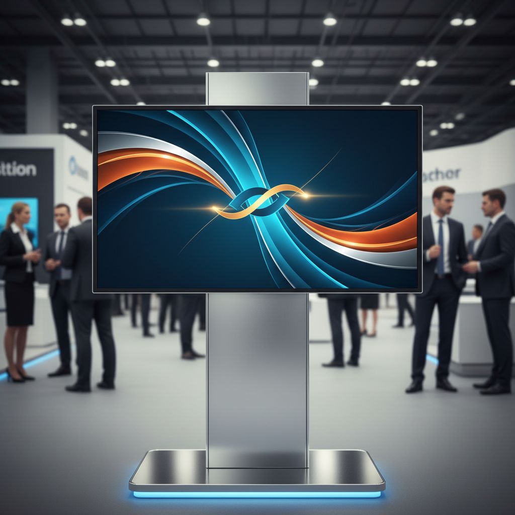 Un message marketing qui claque sur un écran numérique dans un stand promotionnel : le texte est court, facile à lire et va droit au but.