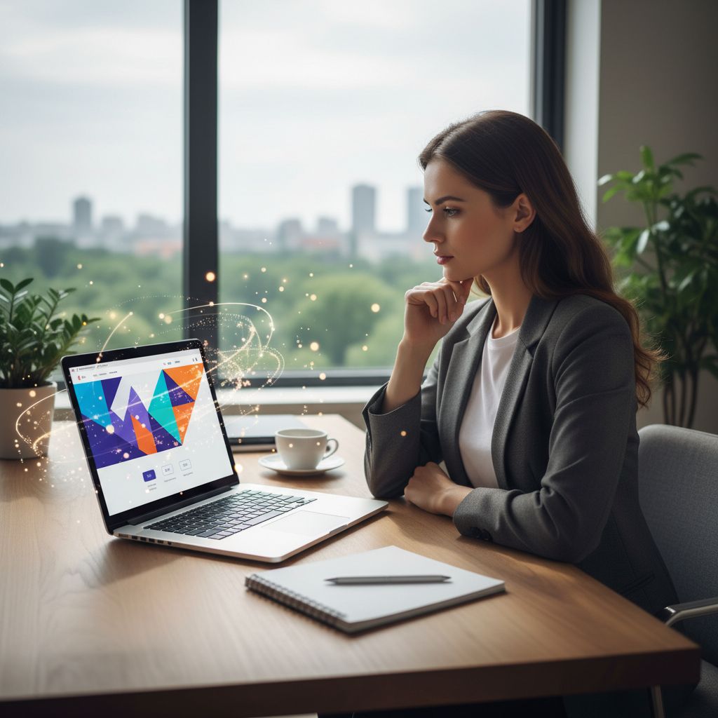 An entrepreneur looks thoughtfully at a laptop screen where a vibrant, professional website design is coming to life, with abstract AI elements floating around.