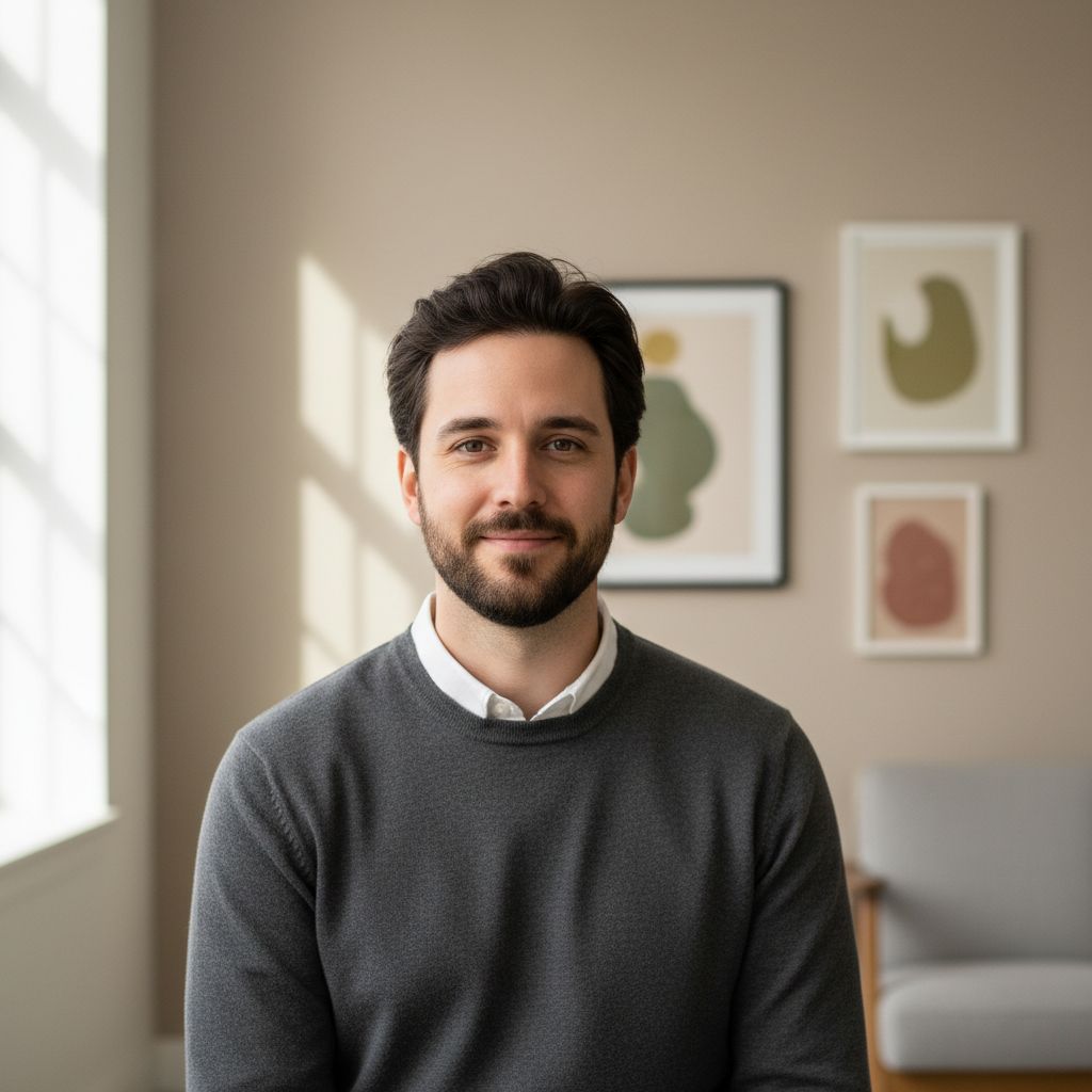 Un homme créatif portant une chemise sobre et un pull en laine de couleur neutre pose pour sa photo de CV dans un environnement de studio décontracté.