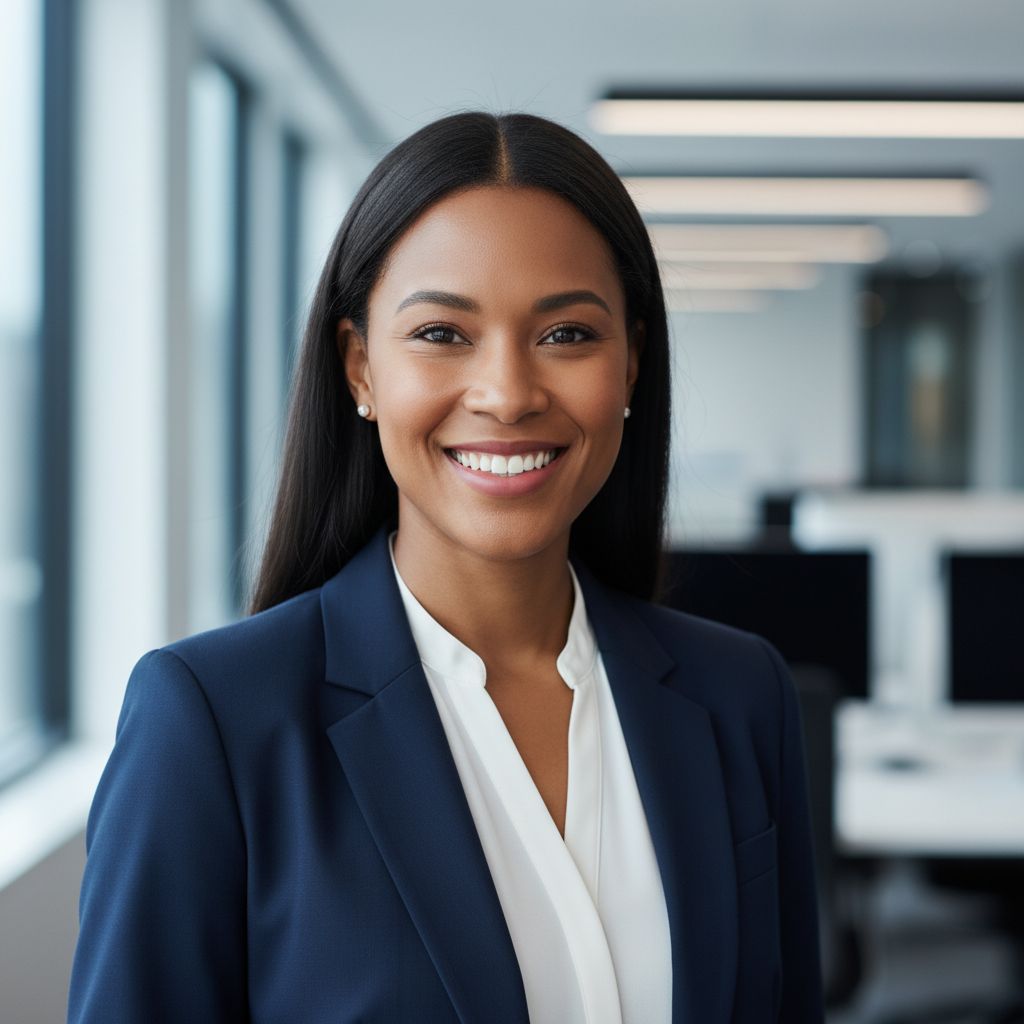 Une femme d'affaires en chemisier blanc et blazer bleu marine sourit avec confiance pour sa photo de CV professionnelle dans un bureau moderne.
