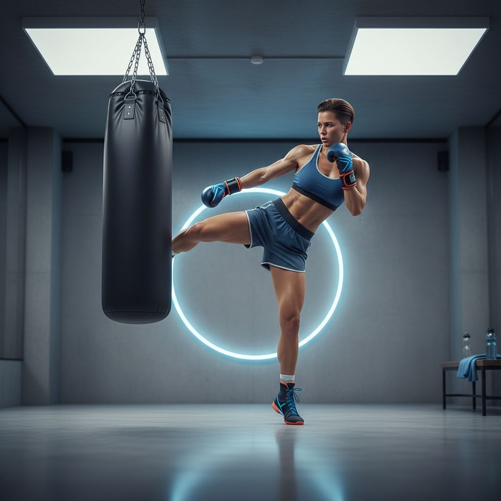 Un professionnel qui s'entraîne à la boxe kick, seul et concentré dans un studio privé. L'image parfaite de la discipline et de la détermination.