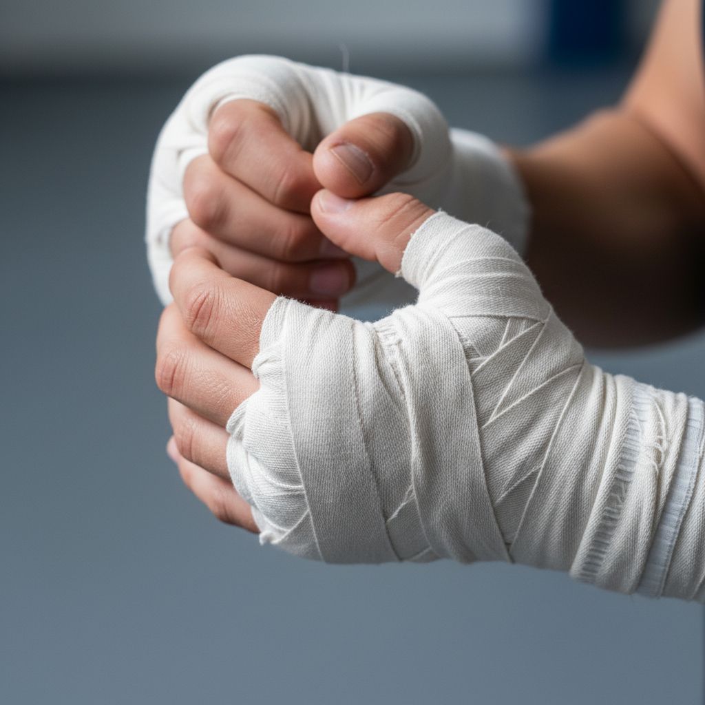 Gros plan sur les mains bandées d'un pratiquant de boxe kick, prêtes à être enfilées dans des gants de boxe.