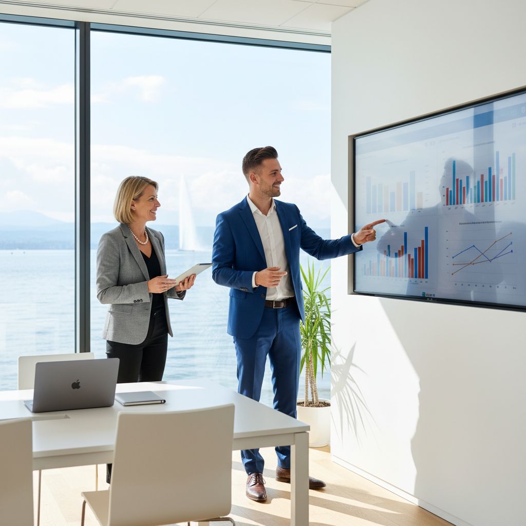 A modern and bright office in Geneva, with an entrepreneur discussing financial charts with an advisor. The mood is collaborative and positive.