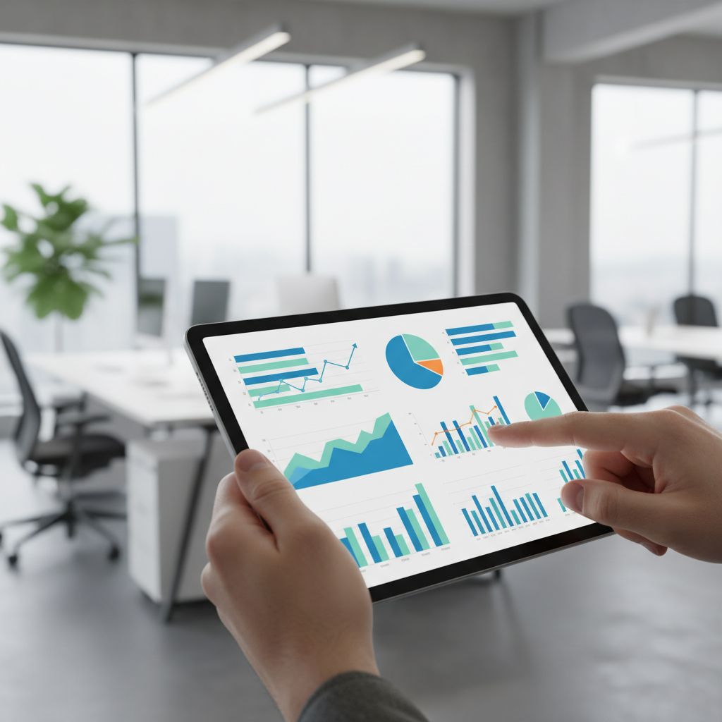 Close-up of a person's hands using a tablet displaying business analytics dashboards, with a blurred office background.