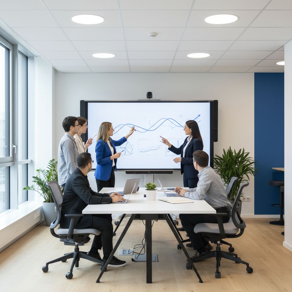 AI-generated image showing a diverse team of entrepreneurs brainstorming around a digital whiteboard in a modern Swiss co-working space.