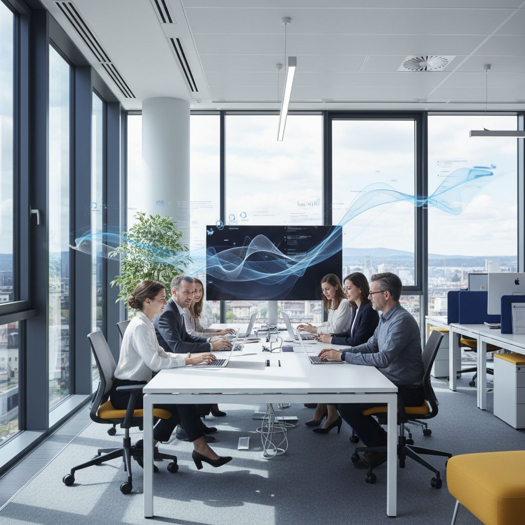 An AI-generated image showing a sleek, modern office in Zurich with data visualizations floating in the air, symbolizing the integration of AI in Swiss businesses.