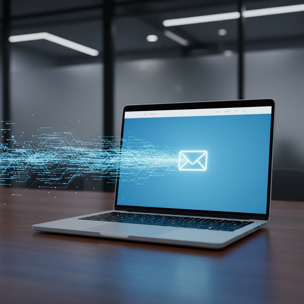 Imagine a super sleek website on a laptop screen. You see these cool, abstract lines glowing—that's the AI data—and they're flowing right to an email icon.