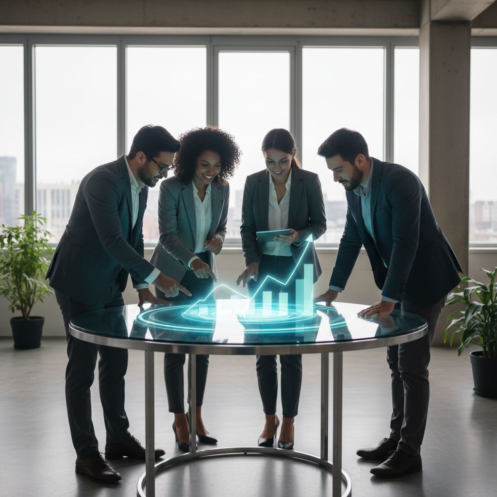 A marketing team with people from different backgrounds gathered around a cool holographic display, looking at growth charts and brainstorming content ideas, showing they're focused on big-picture strategy.