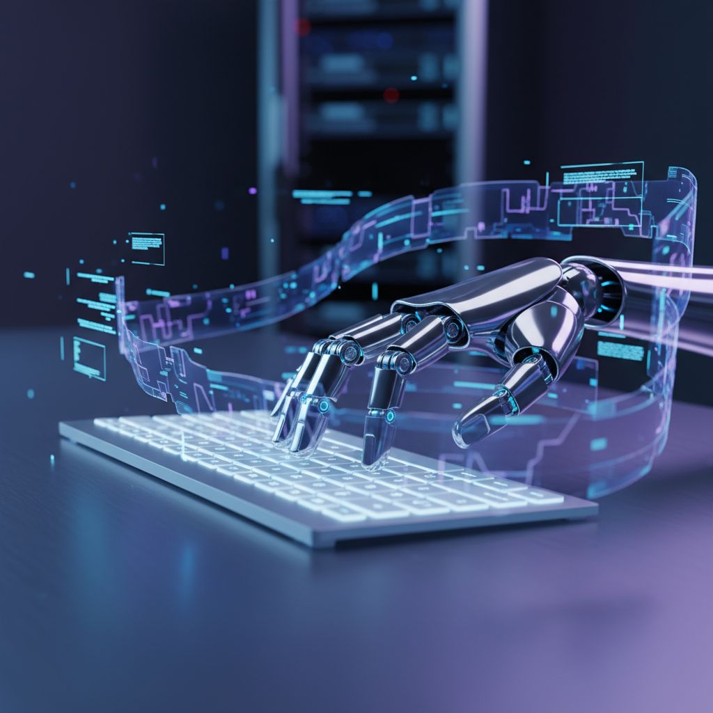 A cool, futuristic robot arm busy typing something on a keyboard, with glowing digital streams of data all around it to show automated content creation in action.