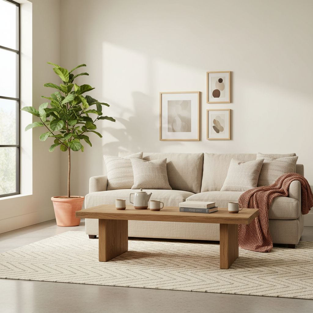 Un salon élégant et chaleureux avec un canapé beige, des coussins texturés, une table basse en bois et une lumière douce provenant d'une grande fenêtre, illustrant une ambiance cocooning parfaite.