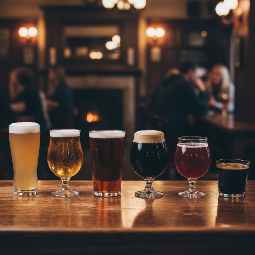 Plusieurs verres de bières artisanales bien alignés sur le comptoir en bois d'un bar. On voit bien les différentes couleurs et textures, et le reste du pub est flou en arrière-plan.