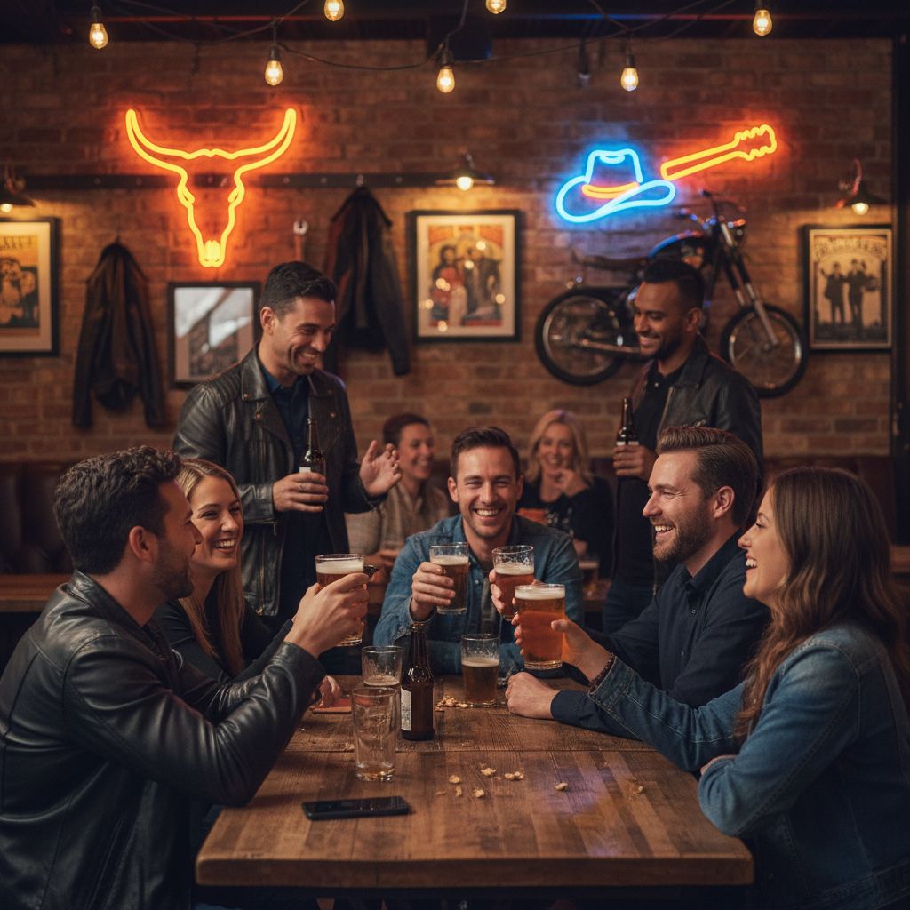 Scène d'afterwork animée dans un pub à l'ambiance Far West, avec des gens qui rient autour de tables en bois, des néons en arrière-plan et une décoration de style biker.