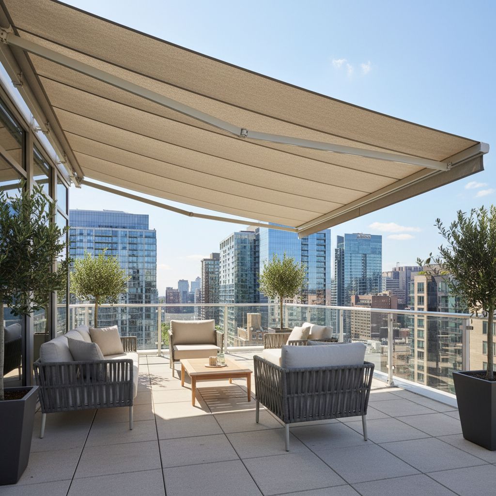 Une terrasse moderne et ensoleillée avec un store banne parfaitement déployé, offrant de l'ombre sur un salon de jardin confortable.