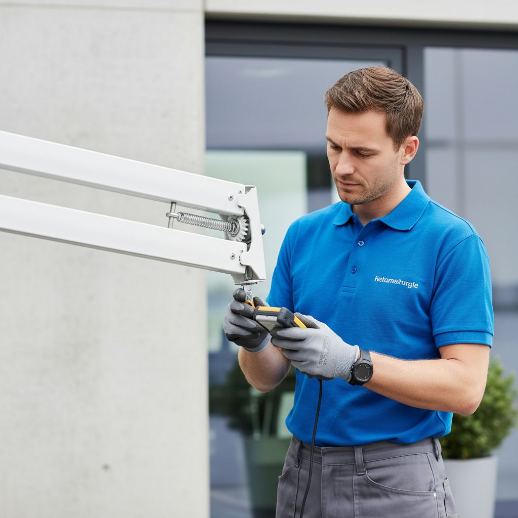 Un technicien qualifié examinant de près le mécanisme d'un bras articulé de store banne pour diagnostiquer une panne.
