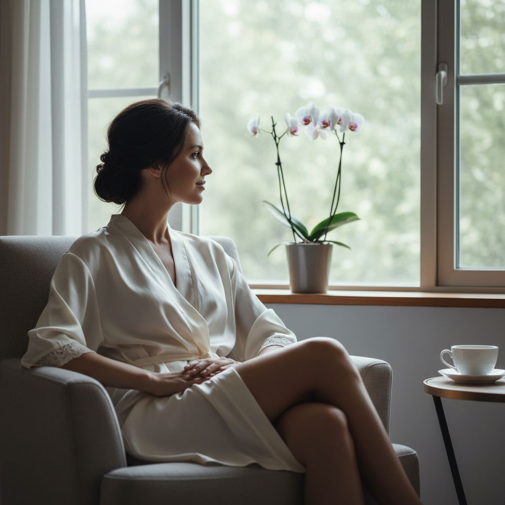Une femme élégante dans un peignoir en soie, assise près d'une fenêtre baignée de lumière douce, contemplant l'extérieur avec une expression sereine et confiante. L'ambiance est intime et artistique.