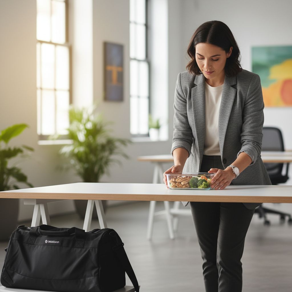 Un professionnel occupé regardant un repas sain préparé dans une boîte, avec un sac de sport à côté, illustrant l'équilibre entre travail et fitness.