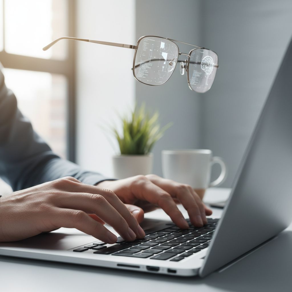 A close-up shot of an entrepreneur's hands typing on a laptop, with code and AI-related graphics reflected on their glasses.