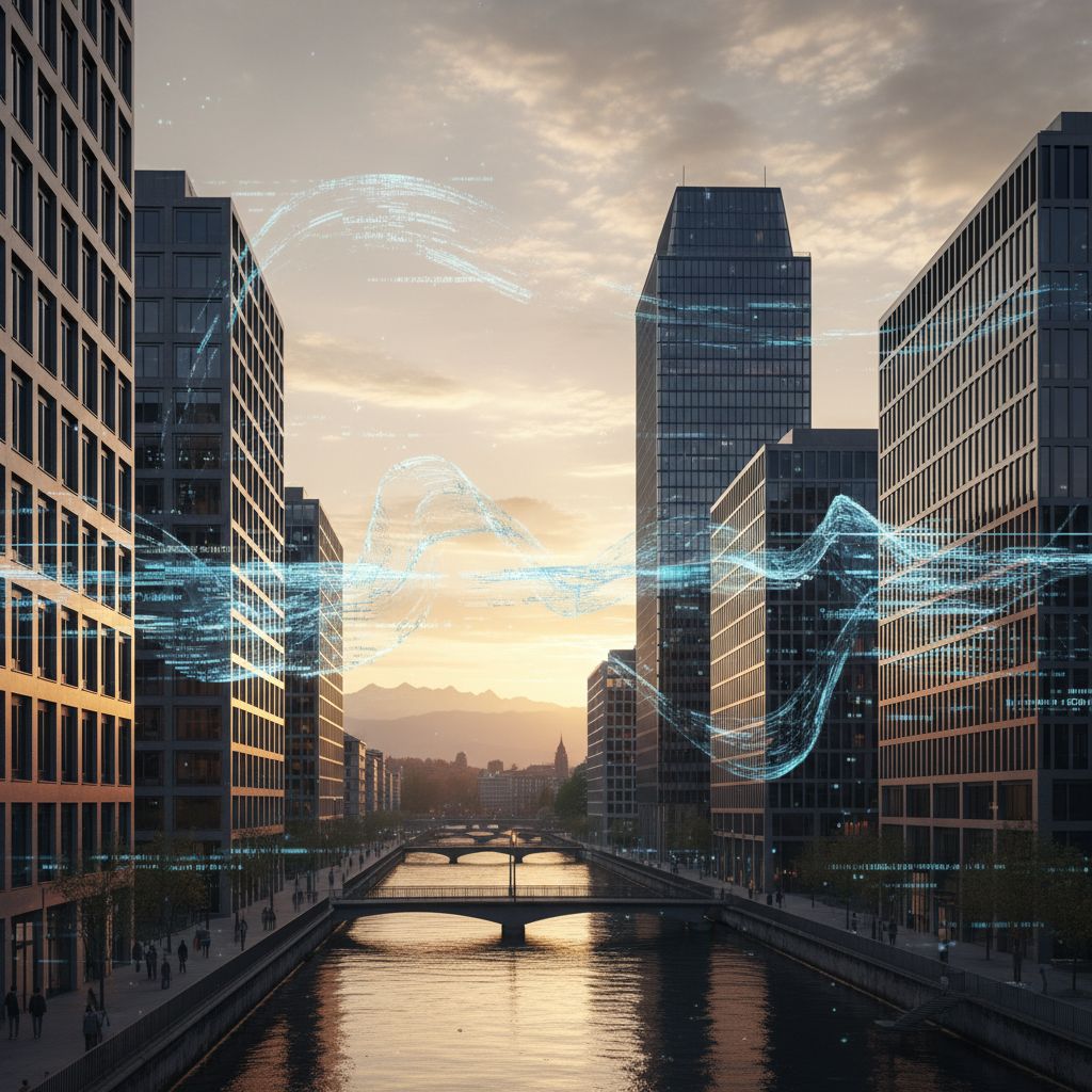 Une vue futuriste de Zurich avec des flux de données numériques, histoire de montrer comment l'IA s'intègre dans le business suisse.