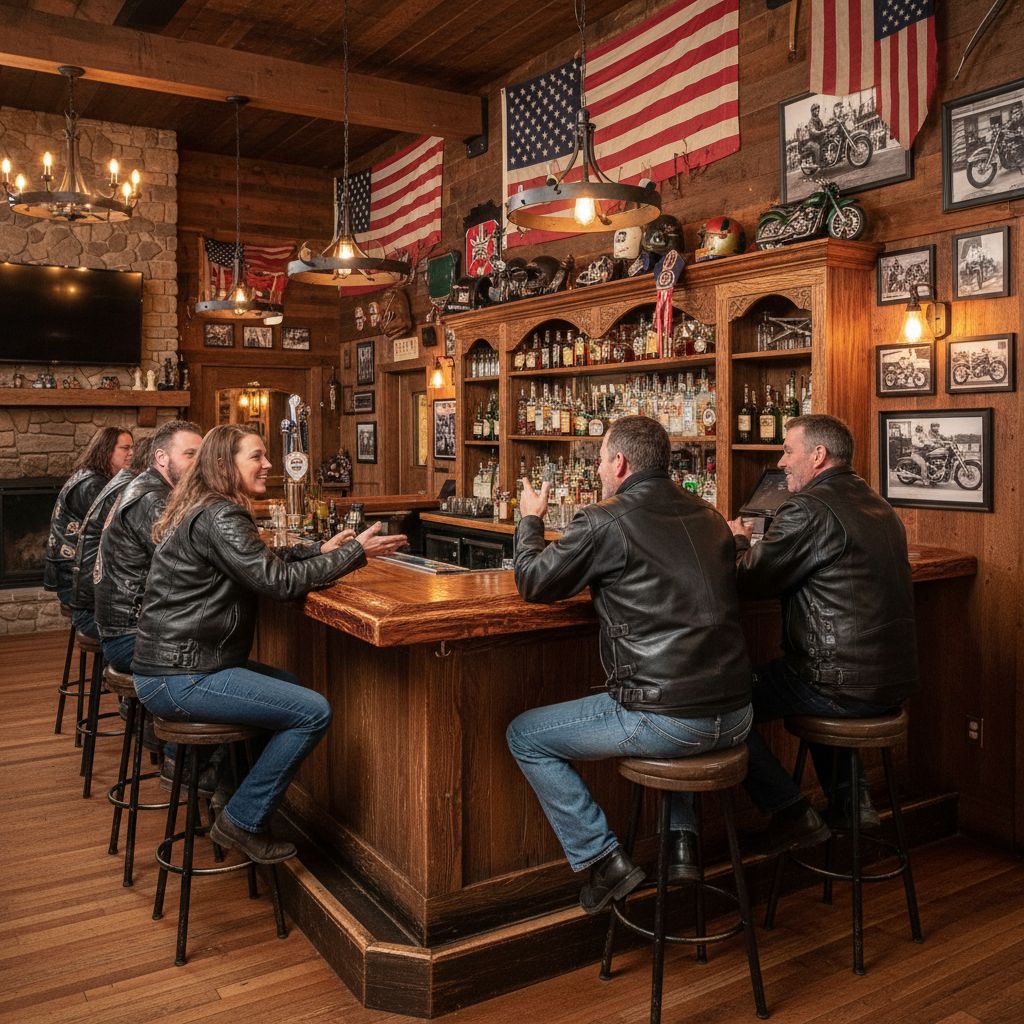 Vue intérieure du Bonanza Pub avec une ambiance Far West, des clients discutant au comptoir en bois et une décoration style motard avec des drapeaux américains.