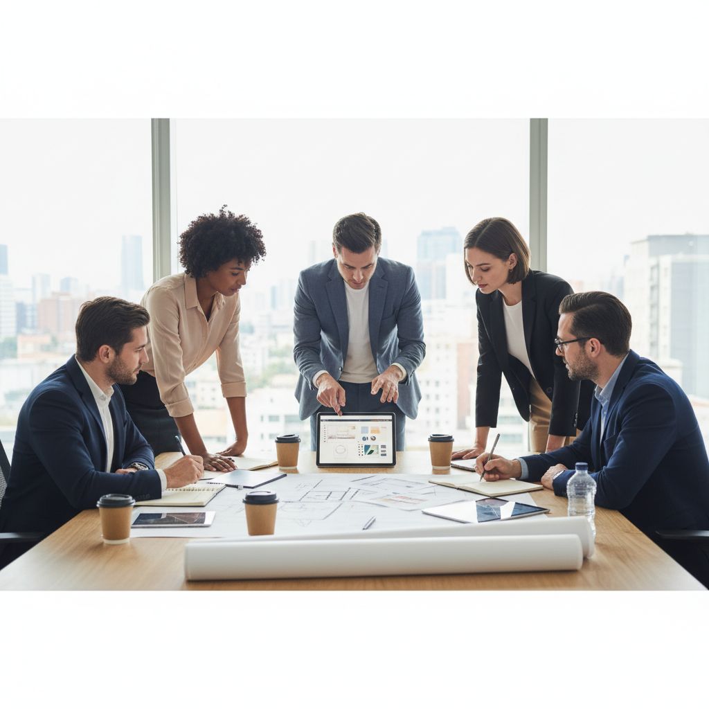 Une équipe créative d'une agence événementielle en pleine session de brainstorming stratégique autour d'une table avec des plans et des tablettes. Une équipe créative d'une agence événementielle en pleine session de brainstorming stratégique autour d'une table avec des plans et des tablettes.
