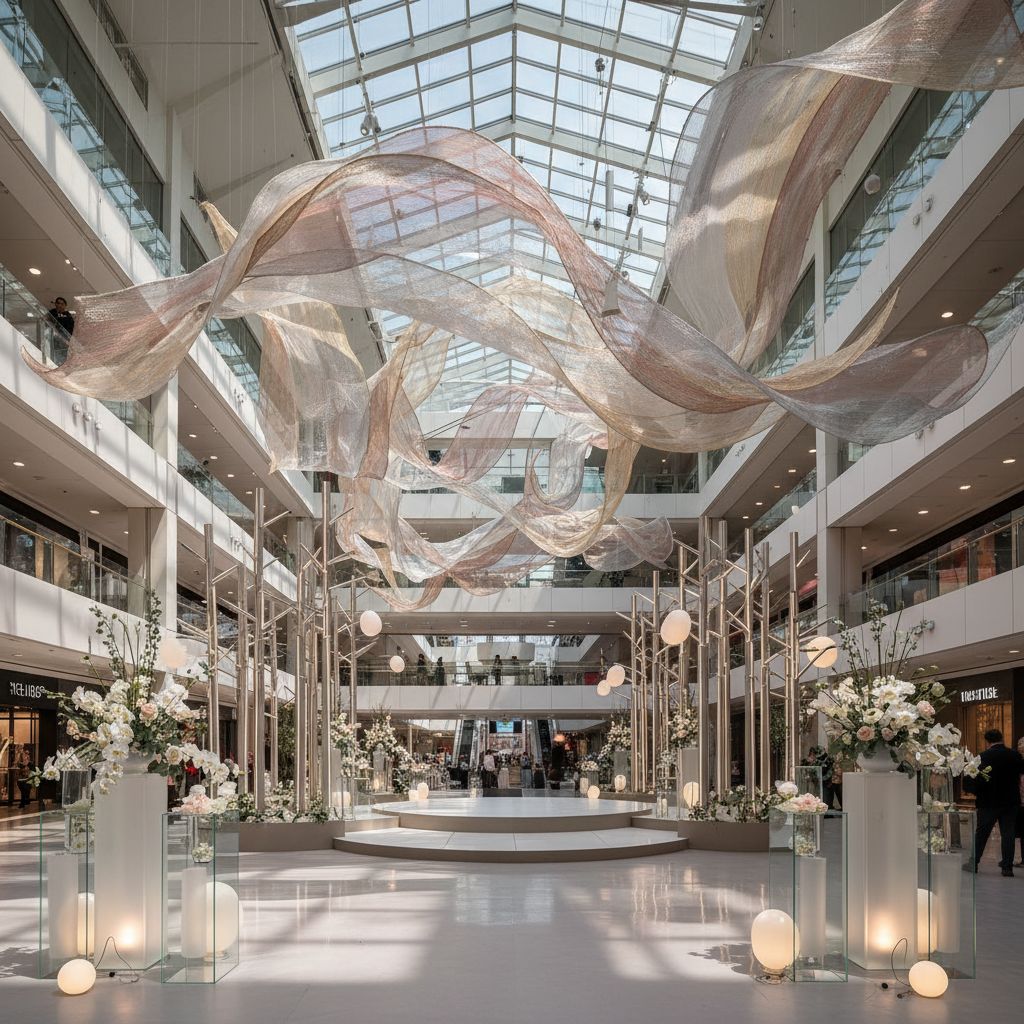Une décoration événementielle élégante et immersive installée dans l'atrium d'un centre commercial moderne. Une décoration événementielle élégante et immersive installée dans l'atrium d'un centre commercial moderne.