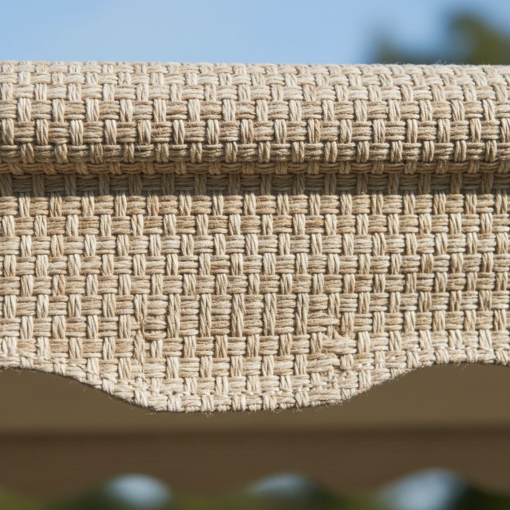 Gros plan sur la toile texturée d'un store extérieur beige, montrant les fibres résistantes qui procurent une protection solaire efficace.