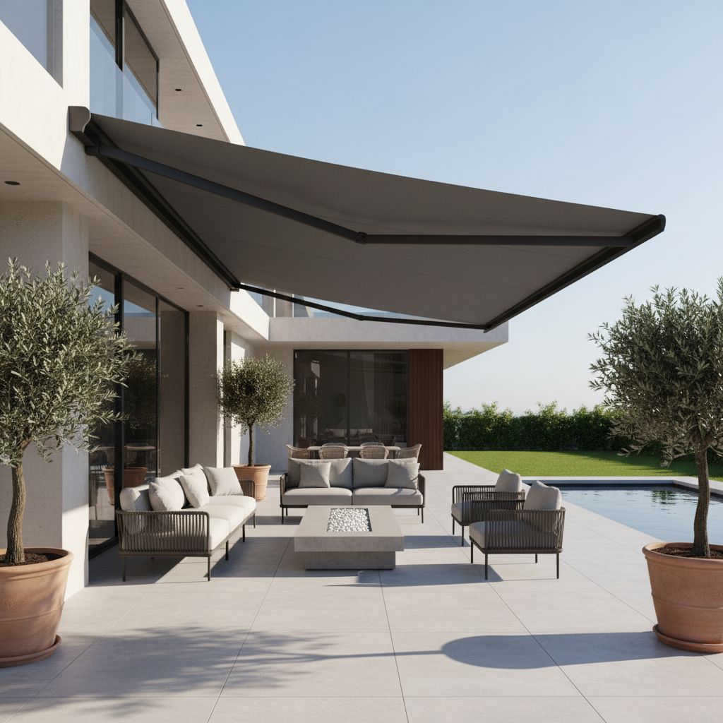 Une terrasse moderne et élégante, parfaitement ombragée par un grand store banne anthracite fixé sur une maison contemporaine.