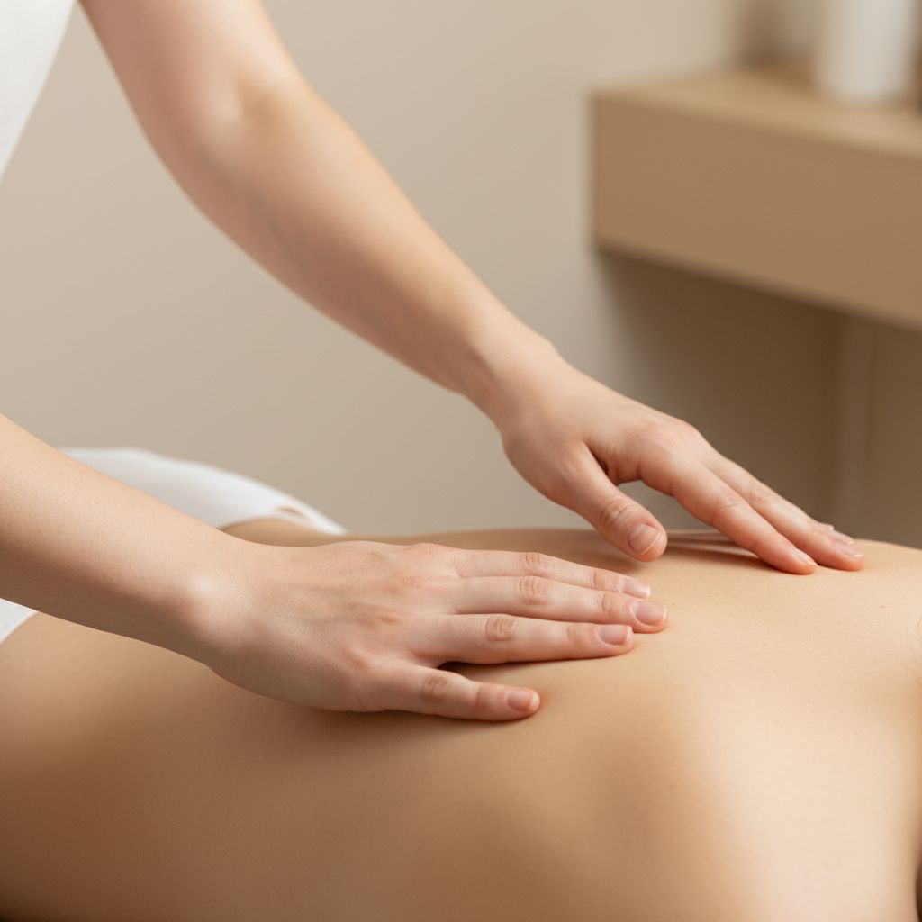 Gros plan sur les mains d'un ostéopathe posées avec douceur sur le dos d'un patient, une image qui évoque le soin et l'écoute du corps.